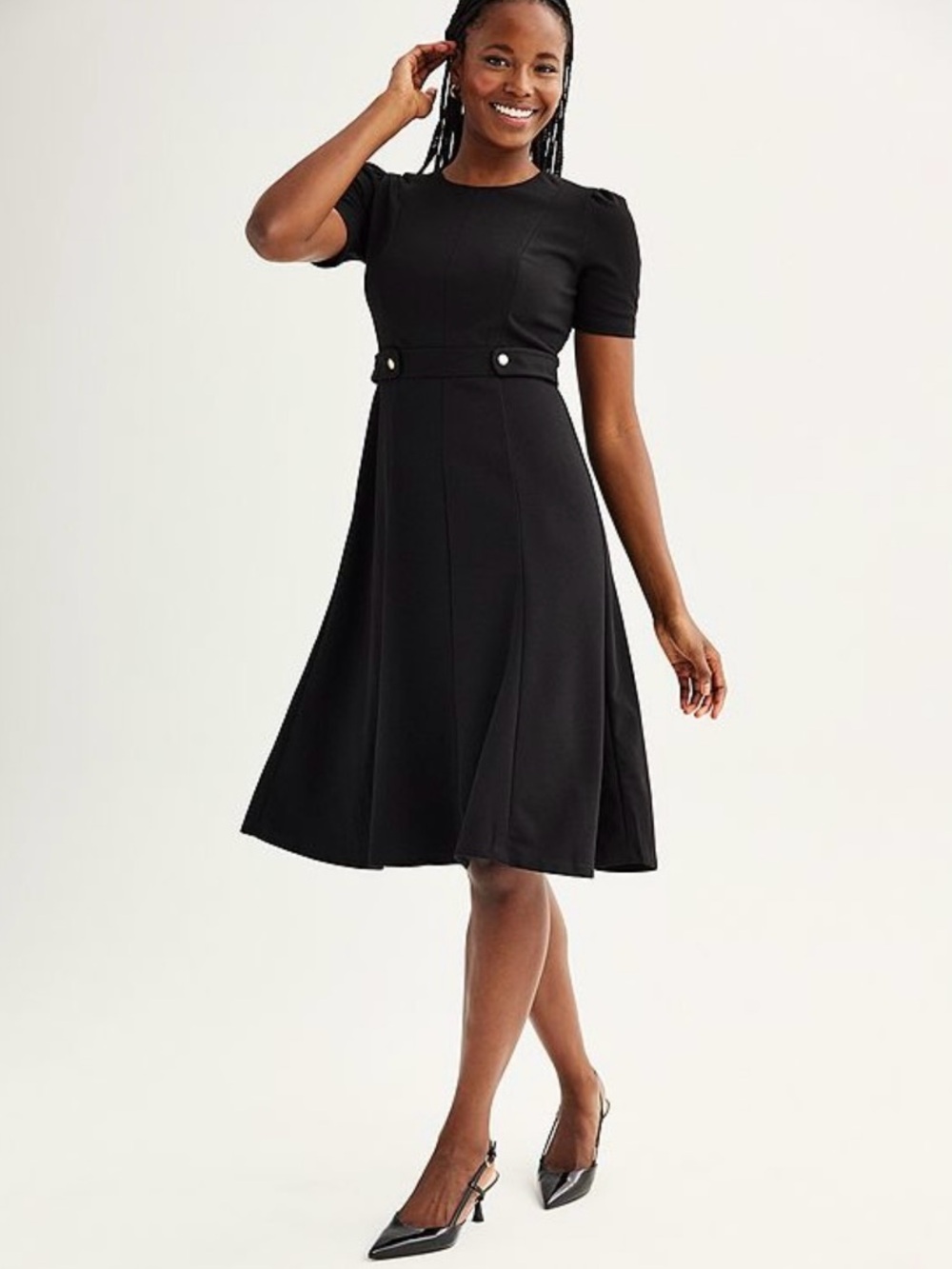 NWT Women's London Times Solid Side Tab Fit & Flare Dress Size 8 Black